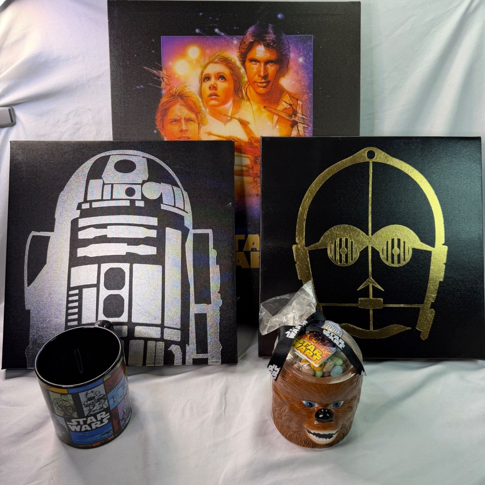 Star Wars Decor Bundle 3 Canvas Wall Art R2D2 C3PO & 2 Ceramic Mugs Chewbacca